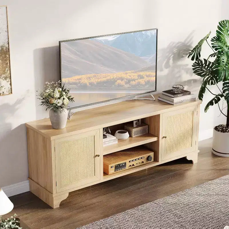 Meuble TV 70 pouces, meuble TV en rotin pour salon, meuble TV bohème, console en bois avec rangement et étagère.