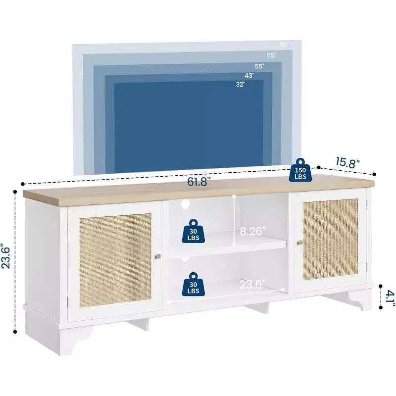 Meuble TV 70 pouces, meuble TV en rotin pour salon, meuble TV bohème, console en bois avec rangement et étagère.