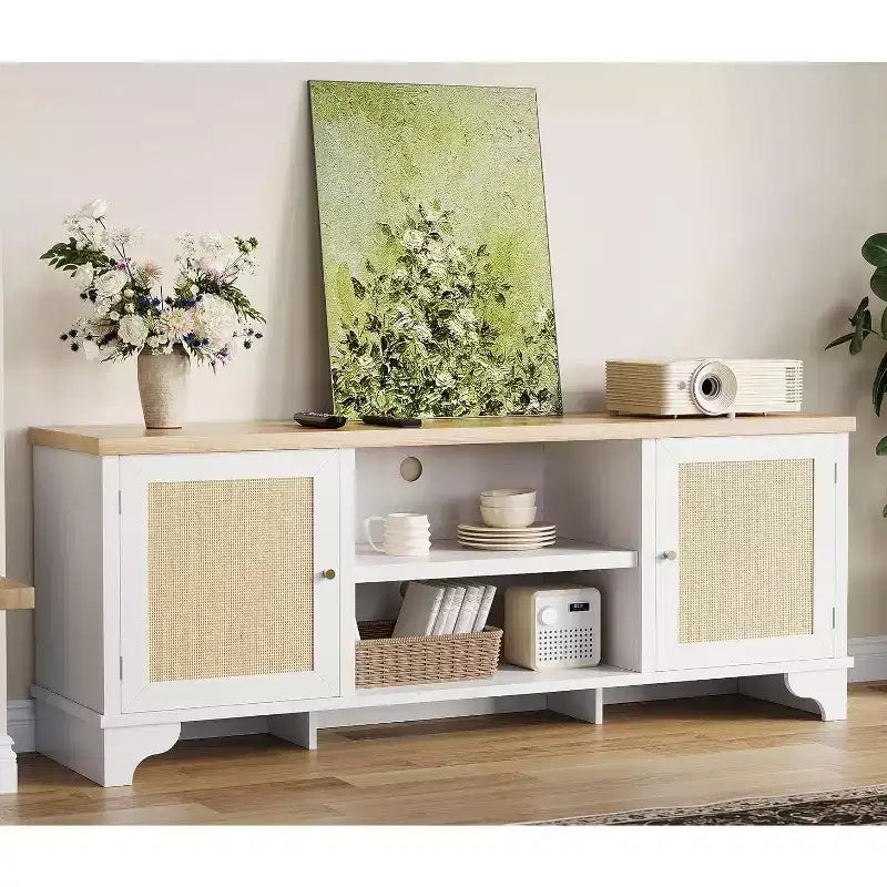 Meuble TV 70 pouces, meuble TV en rotin pour salon, meuble TV bohème, console en bois avec rangement et étagère.