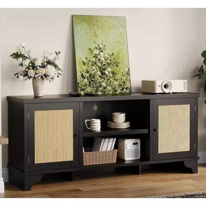 Meuble TV 70 pouces, meuble TV en rotin pour salon, meuble TV bohème, console en bois avec rangement et étagère.