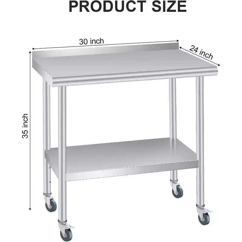Table en acier inoxydable avec roulettes, poste de travail de préparation robuste 60x24 pouces, dosseret et étagère réglable pour cuisine, restaurant, bureau