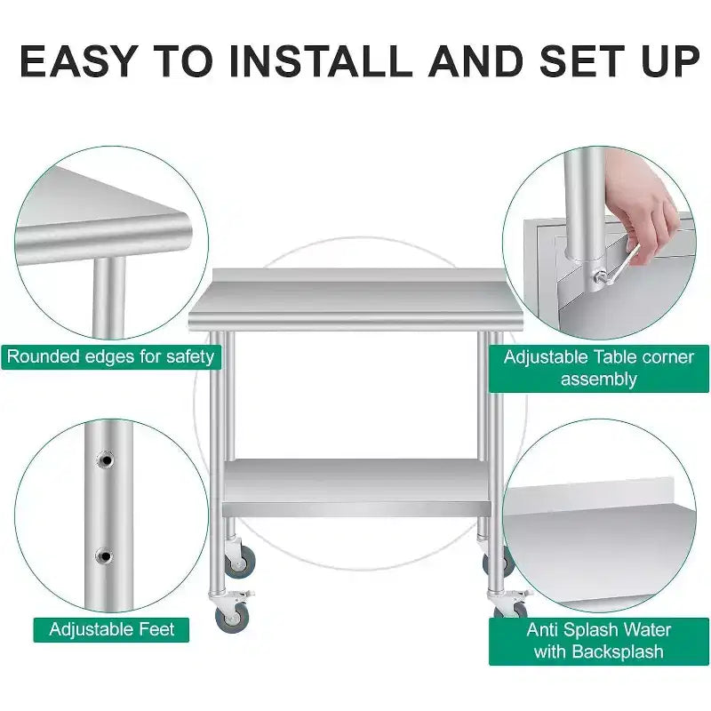 Table en acier inoxydable avec roulettes, poste de travail de préparation robuste 60x24 pouces, dosseret et étagère réglable pour cuisine, restaurant, bureau
