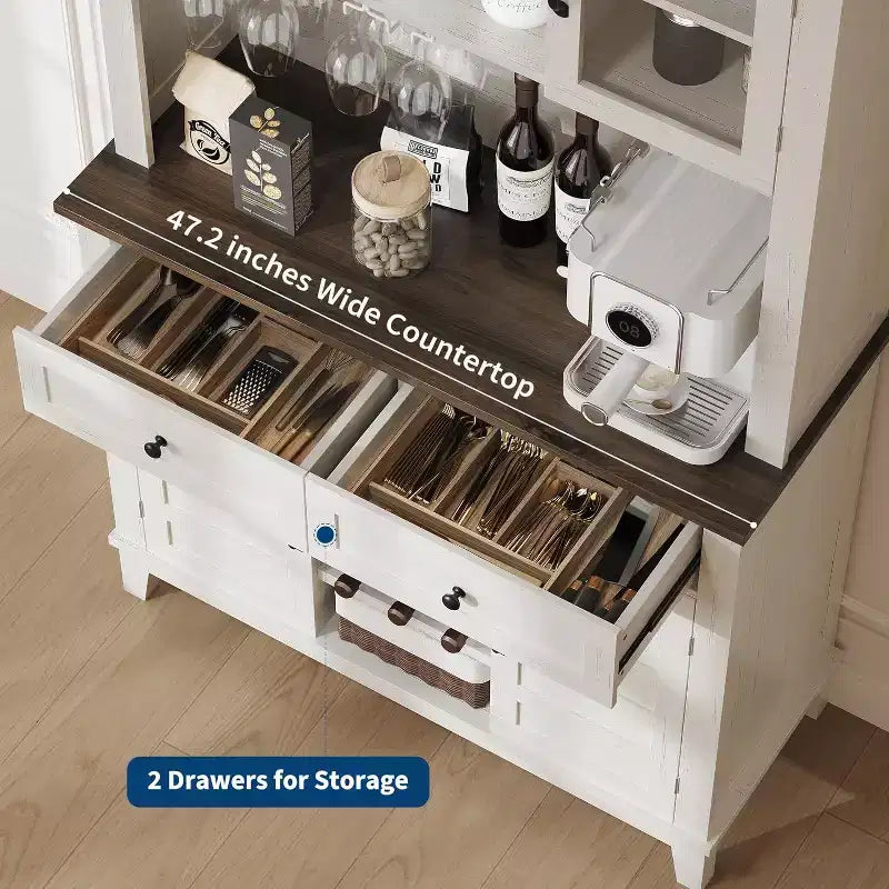 Grand garde-manger de cuisine de 183 cm avec huche, 4 portes, 2 tiroirs, casier à vin et porte-verres, étagères réglables, grand buffet de rangement, Blanc