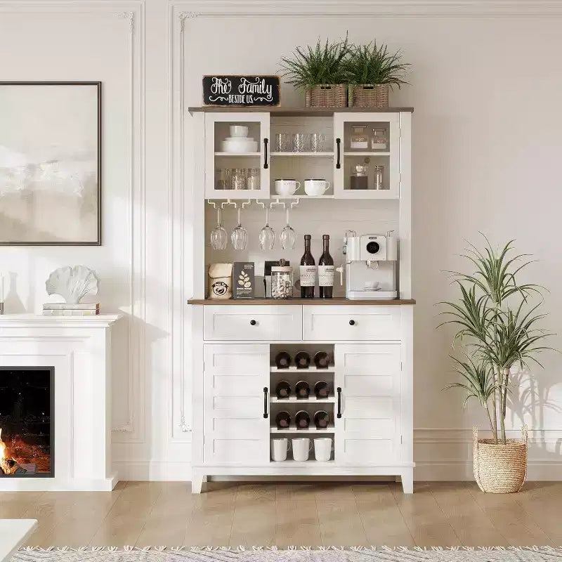 Grand garde-manger de cuisine de 183 cm avec huche, 4 portes, 2 tiroirs, casier à vin et porte-verres, étagères réglables, grand buffet de rangement, Blanc