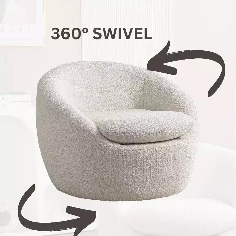 Fauteuil d'appoint moderne en bouclette, pivotant avec base à 360° et assise rembourrée, pour salon ou chambre à coucher, blanc
