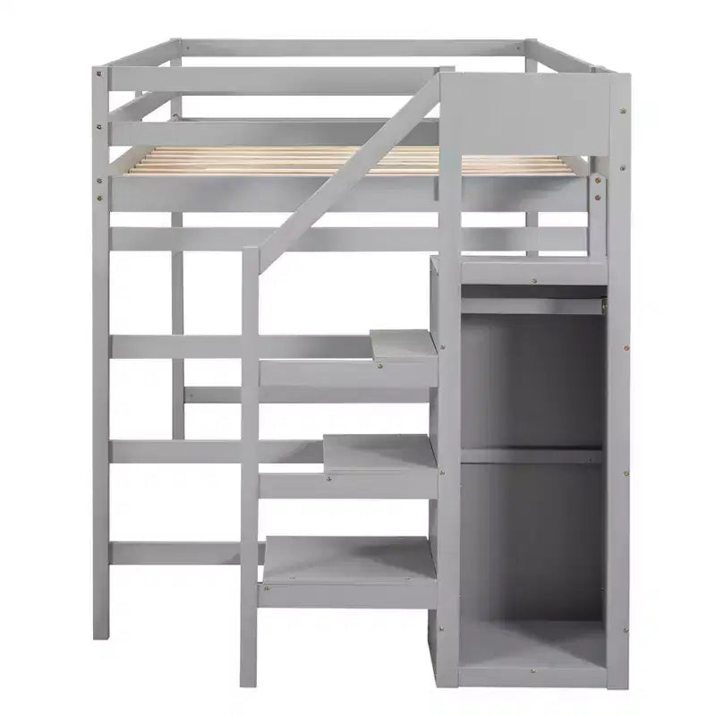 Lit mezzanine en bois pleine grandeur avec armoire de rangement intégrée et escalier, lit mezzanine multifonctionnel avec escalier et garde-corps