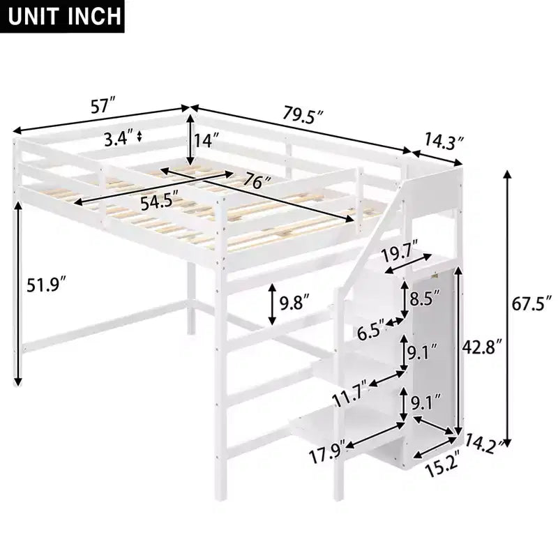 Lit mezzanine en bois pleine grandeur avec armoire de rangement intégrée et escalier, lit mezzanine multifonctionnel avec escalier et garde-corps