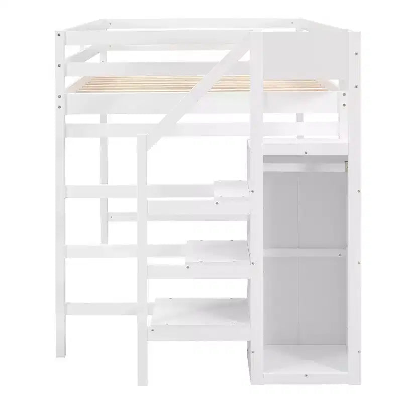 Lit mezzanine en bois pleine grandeur avec armoire de rangement intégrée et escalier, lit mezzanine multifonctionnel avec escalier et garde-corps