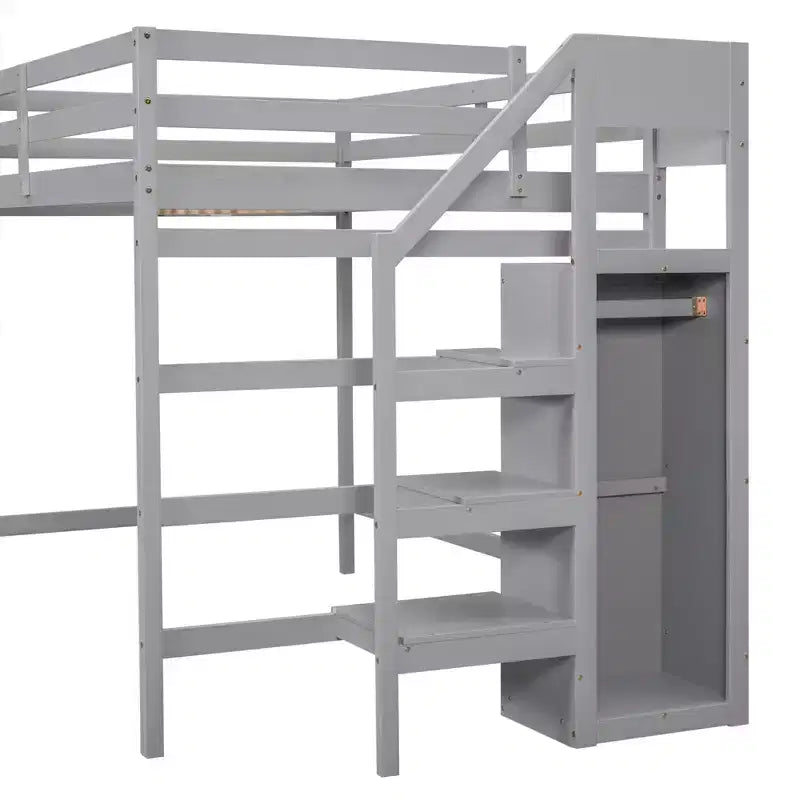 Lit mezzanine en bois pleine grandeur avec armoire de rangement intégrée et escalier, lit mezzanine multifonctionnel avec escalier et garde-corps