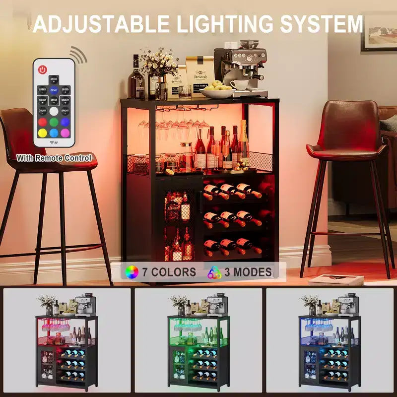Meuble Bar à Vin Élégant à 3 Niveaux avec Casier à Bouteilles et Rangement, Buffet avec Porte-Verres et Porte en Maille, Idéal pour la Cuisine, le Salon et le Bar