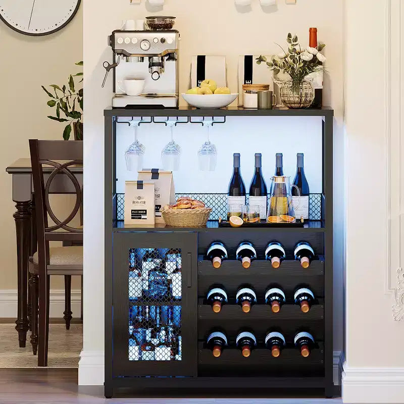 Meuble Bar à Vin Élégant à 3 Niveaux avec Casier à Bouteilles et Rangement, Buffet avec Porte-Verres et Porte en Maille, Idéal pour la Cuisine, le Salon et le Bar