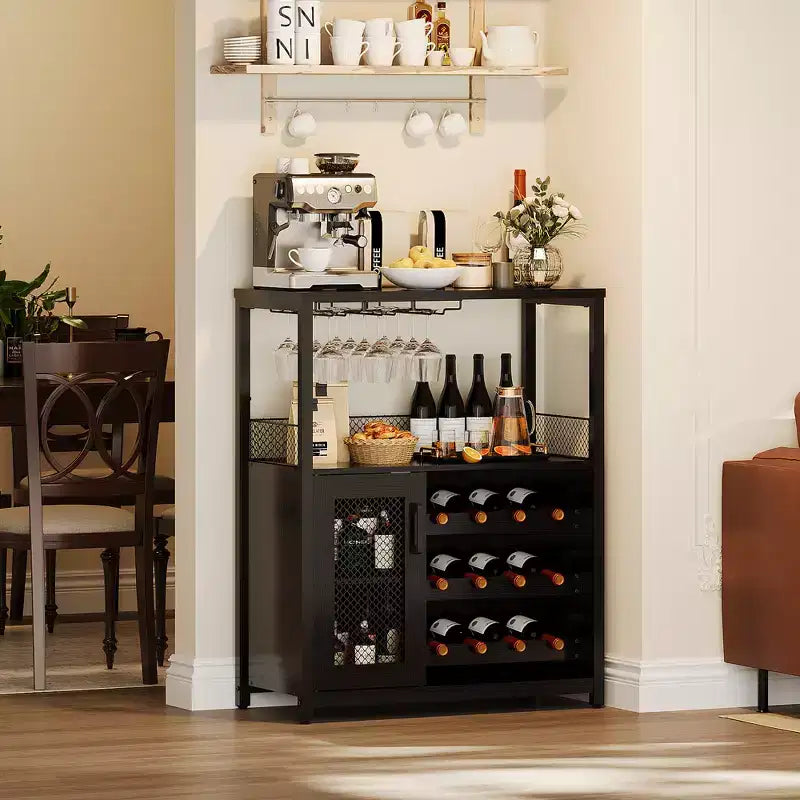 Meuble Bar à Vin Élégant à 3 Niveaux avec Casier à Bouteilles et Rangement, Buffet avec Porte-Verres et Porte en Maille, Idéal pour la Cuisine, le Salon et le Bar