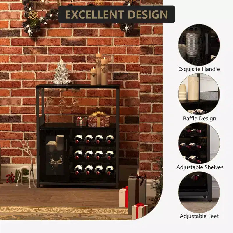 Meuble Bar à Vin Élégant à 3 Niveaux avec Casier à Bouteilles et Rangement, Buffet avec Porte-Verres et Porte en Maille, Idéal pour la Cuisine, le Salon et le Bar