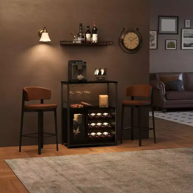 Meuble Bar à Vin Élégant à 3 Niveaux avec Casier à Bouteilles et Rangement, Buffet avec Porte-Verres et Porte en Maille, Idéal pour la Cuisine, le Salon et le Bar