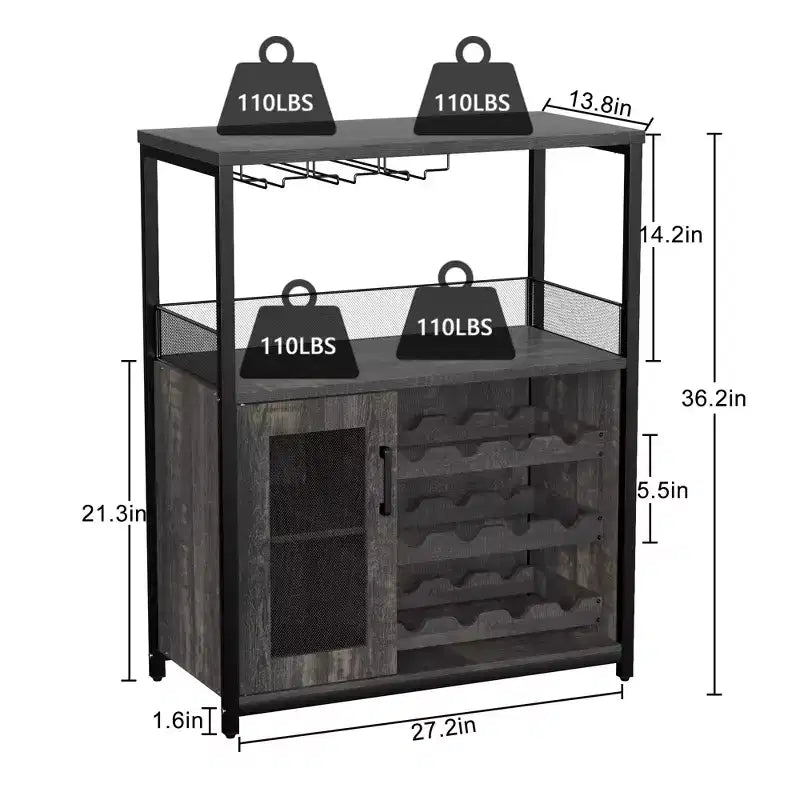 Meuble Bar à Vin Élégant à 3 Niveaux avec Casier à Bouteilles et Rangement, Buffet avec Porte-Verres et Porte en Maille, Idéal pour la Cuisine, le Salon et le Bar