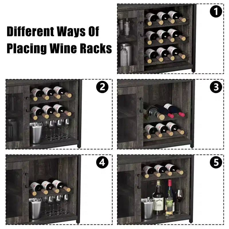 Meuble Bar à Vin Élégant à 3 Niveaux avec Casier à Bouteilles et Rangement, Buffet avec Porte-Verres et Porte en Maille, Idéal pour la Cuisine, le Salon et le Bar