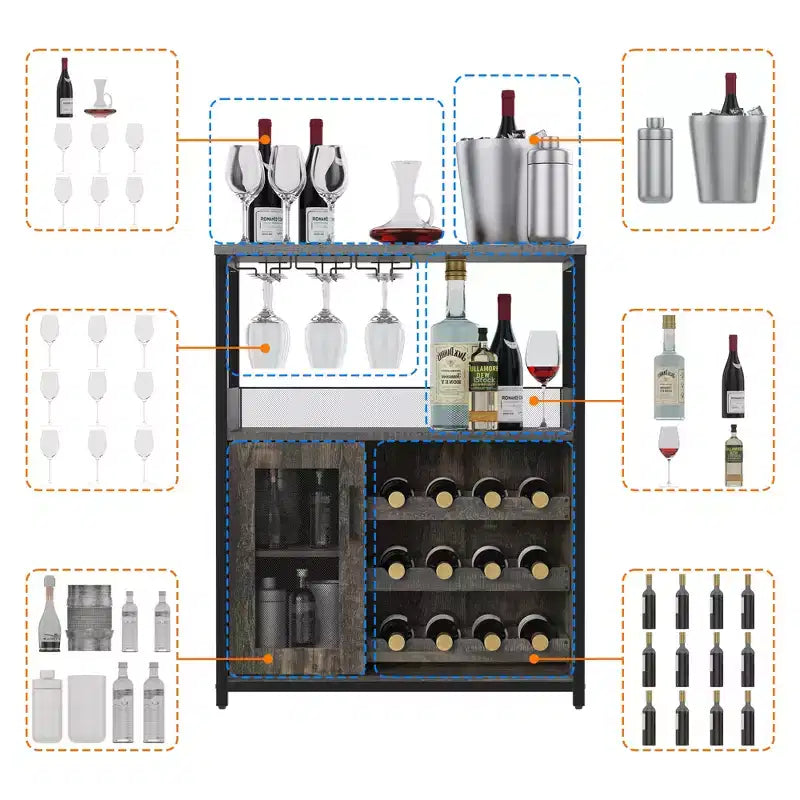 Meuble Bar à Vin Élégant à 3 Niveaux avec Casier à Bouteilles et Rangement, Buffet avec Porte-Verres et Porte en Maille, Idéal pour la Cuisine, le Salon et le Bar