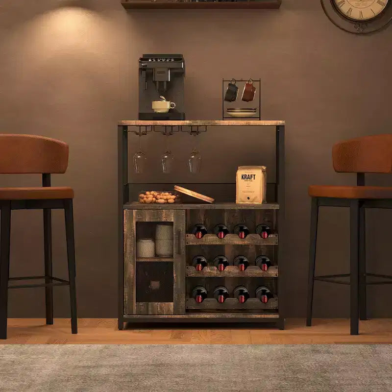 Meuble Bar à Vin Élégant à 3 Niveaux avec Casier à Bouteilles et Rangement, Buffet avec Porte-Verres et Porte en Maille, Idéal pour la Cuisine, le Salon et le Bar