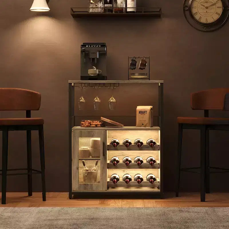 Meuble Bar à Vin Élégant à 3 Niveaux avec Casier à Bouteilles et Rangement, Buffet avec Porte-Verres et Porte en Maille, Idéal pour la Cuisine, le Salon et le Bar