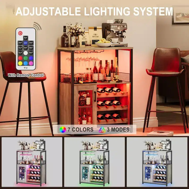 Meuble Bar à Vin Élégant à 3 Niveaux avec Casier à Bouteilles et Rangement, Buffet avec Porte-Verres et Porte en Maille, Idéal pour la Cuisine, le Salon et le Bar