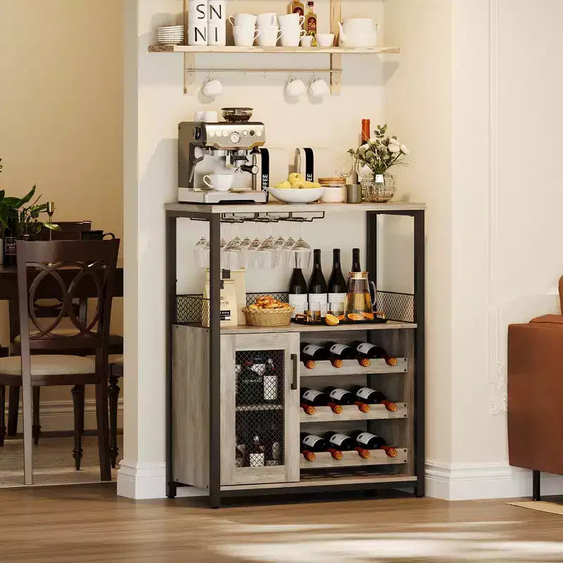 Meuble Bar à Vin Élégant à 3 Niveaux avec Casier à Bouteilles et Rangement, Buffet avec Porte-Verres et Porte en Maille, Idéal pour la Cuisine, le Salon et le Bar