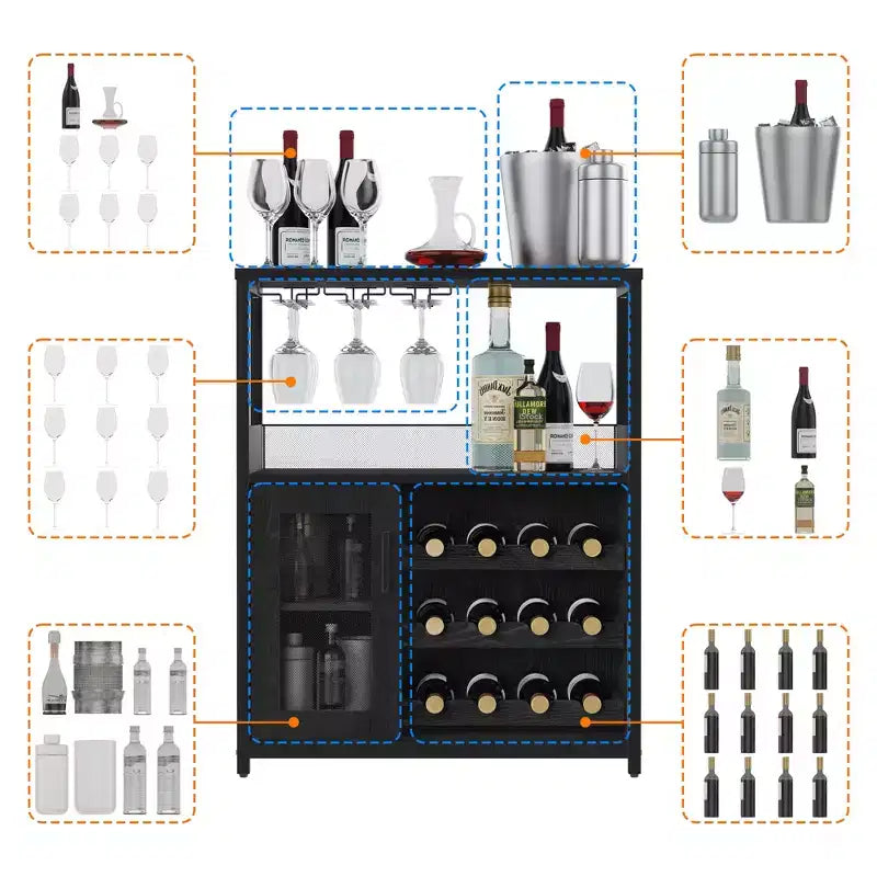 Meuble Bar à Vin Élégant à 3 Niveaux avec Casier à Bouteilles et Rangement, Buffet avec Porte-Verres et Porte en Maille, Idéal pour la Cuisine, le Salon et le Bar