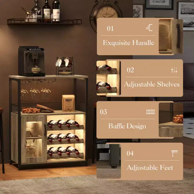 Meuble Bar à Vin Élégant à 3 Niveaux avec Casier à Bouteilles et Rangement, Buffet avec Porte-Verres et Porte en Maille, Idéal pour la Cuisine, le Salon et le Bar