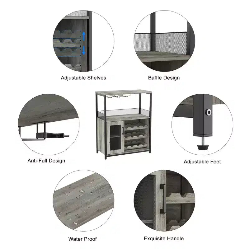 Meuble Bar à Vin Élégant à 3 Niveaux avec Casier à Bouteilles et Rangement, Buffet avec Porte-Verres et Porte en Maille, Idéal pour la Cuisine, le Salon et le Bar