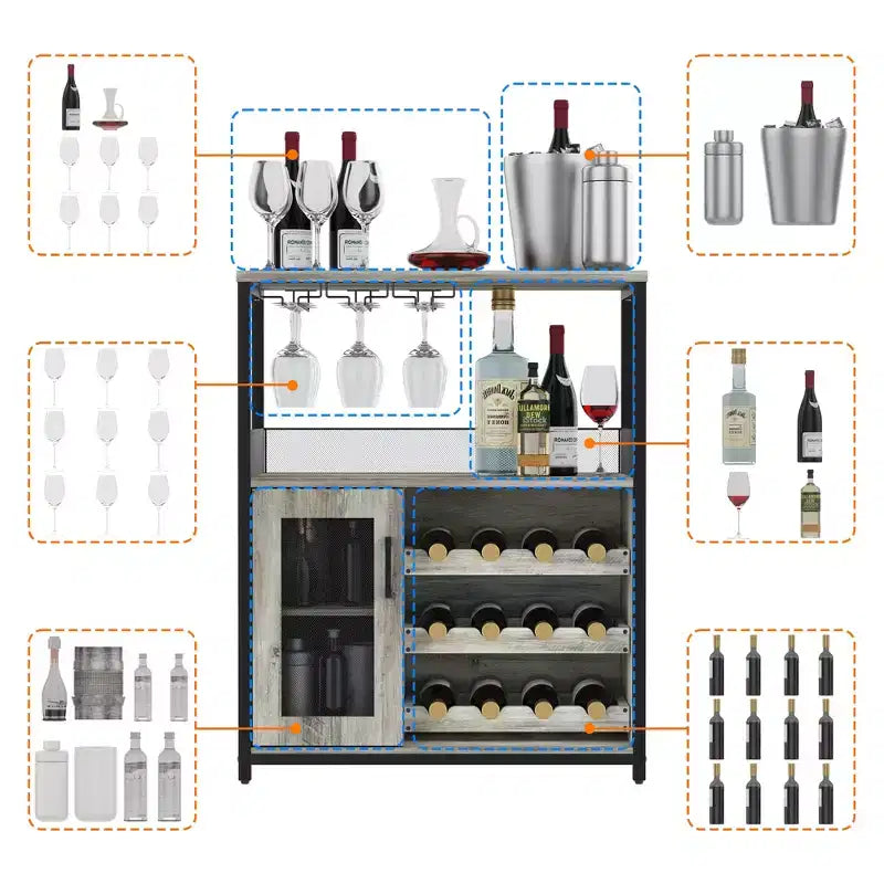Meuble Bar à Vin Élégant à 3 Niveaux avec Casier à Bouteilles et Rangement, Buffet avec Porte-Verres et Porte en Maille, Idéal pour la Cuisine, le Salon et le Bar
