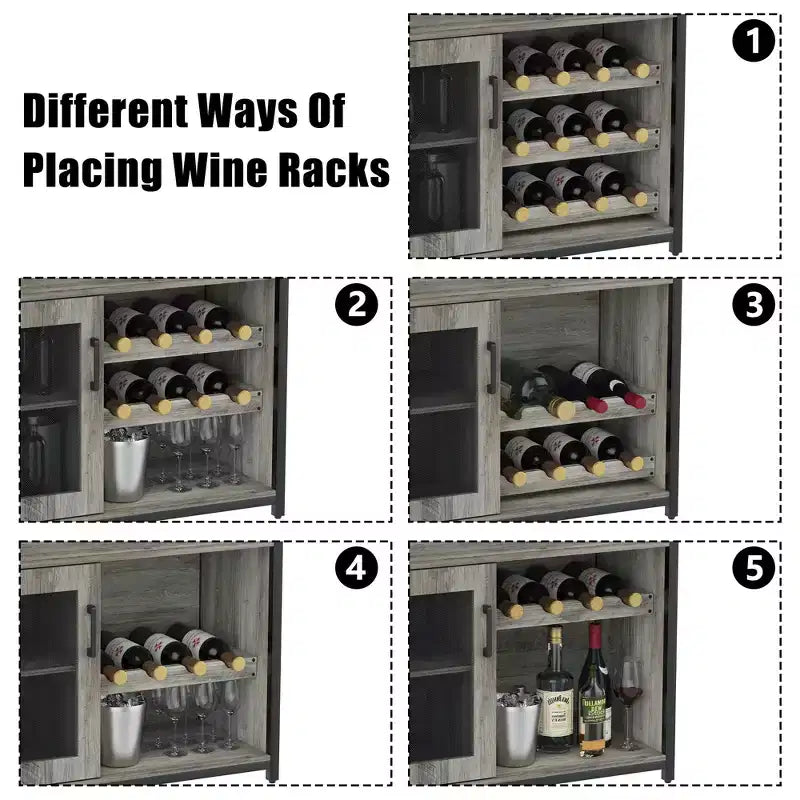 Meuble Bar à Vin Élégant à 3 Niveaux avec Casier à Bouteilles et Rangement, Buffet avec Porte-Verres et Porte en Maille, Idéal pour la Cuisine, le Salon et le Bar