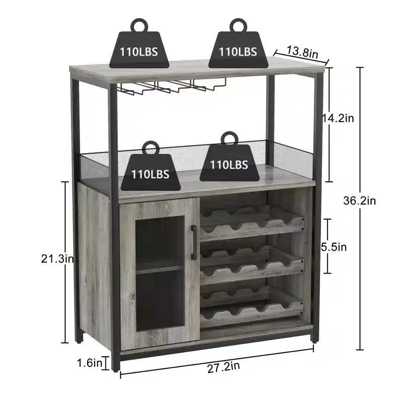 Meuble Bar à Vin Élégant à 3 Niveaux avec Casier à Bouteilles et Rangement, Buffet avec Porte-Verres et Porte en Maille, Idéal pour la Cuisine, le Salon et le Bar