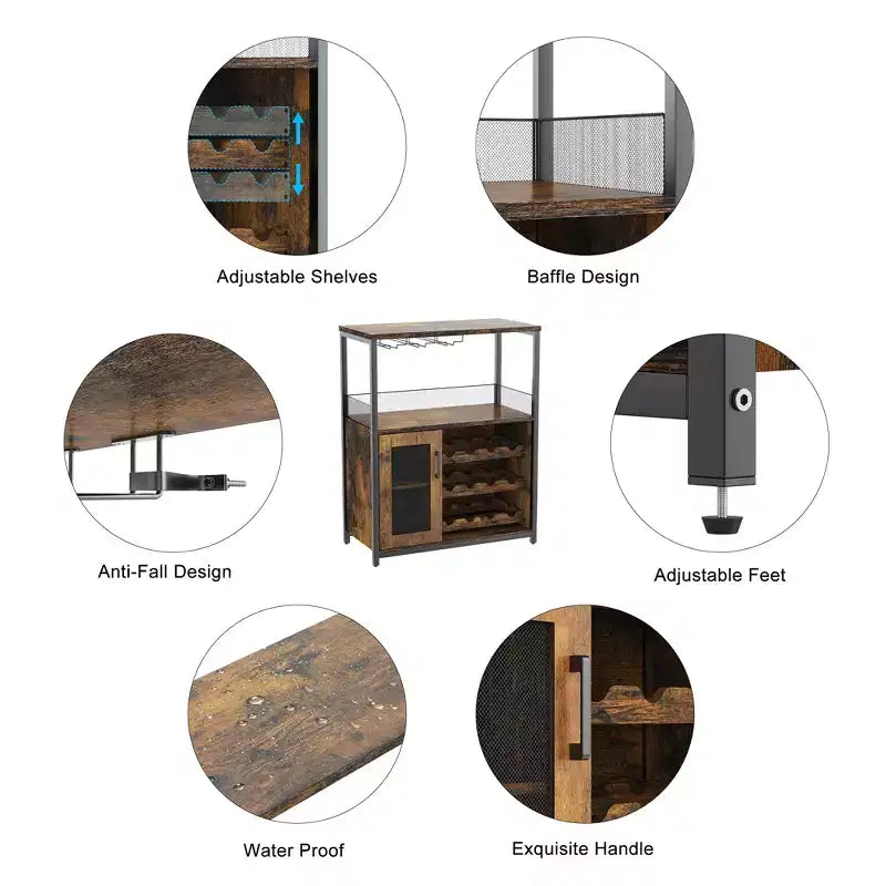 Meuble Bar à Vin Élégant à 3 Niveaux avec Casier à Bouteilles et Rangement, Buffet avec Porte-Verres et Porte en Maille, Idéal pour la Cuisine, le Salon et le Bar