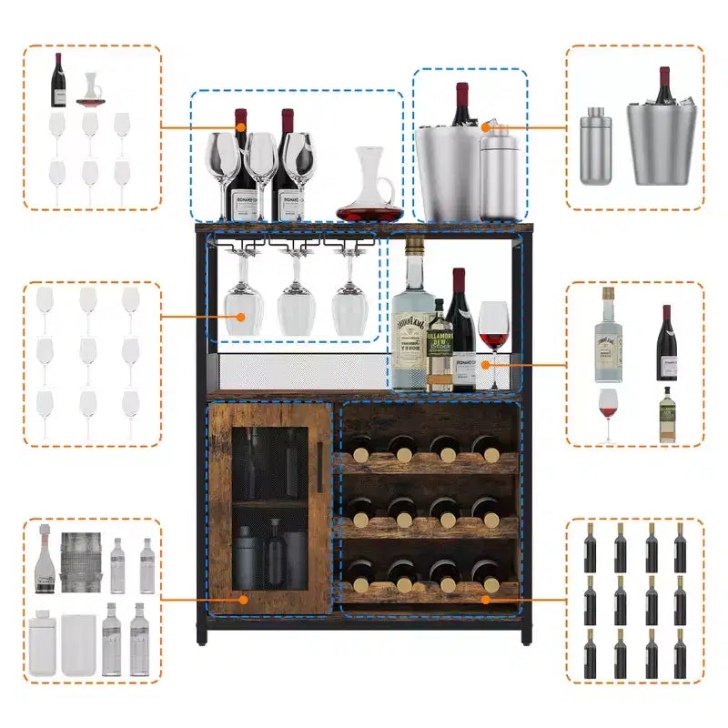 Meuble Bar à Vin Élégant à 3 Niveaux avec Casier à Bouteilles et Rangement, Buffet avec Porte-Verres et Porte en Maille, Idéal pour la Cuisine, le Salon et le Bar
