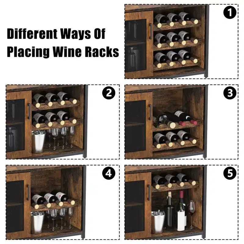 Meuble Bar à Vin Élégant à 3 Niveaux avec Casier à Bouteilles et Rangement, Buffet avec Porte-Verres et Porte en Maille, Idéal pour la Cuisine, le Salon et le Bar