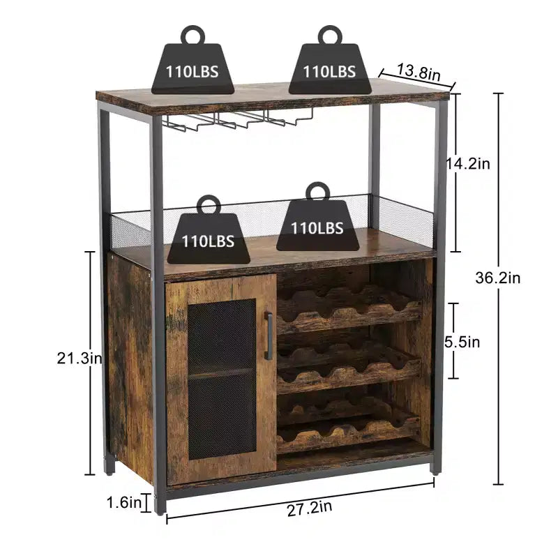 Meuble Bar à Vin Élégant à 3 Niveaux avec Casier à Bouteilles et Rangement, Buffet avec Porte-Verres et Porte en Maille, Idéal pour la Cuisine, le Salon et le Bar