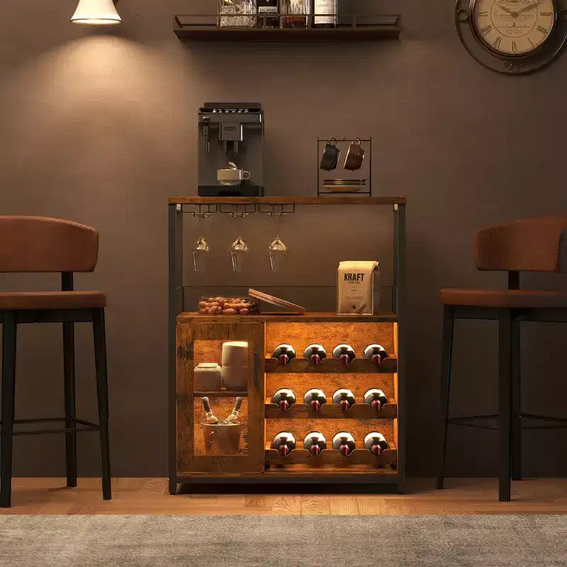 Meuble Bar à Vin Élégant à 3 Niveaux avec Casier à Bouteilles et Rangement, Buffet avec Porte-Verres et Porte en Maille, Idéal pour la Cuisine, le Salon et le Bar