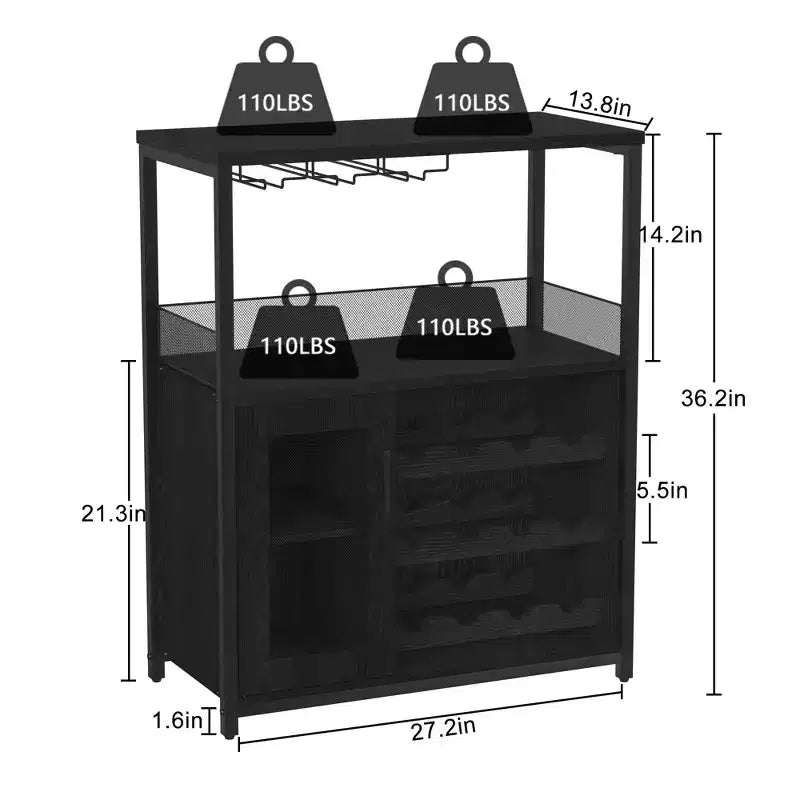 Meuble Bar à Vin Élégant à 3 Niveaux avec Casier à Bouteilles et Rangement, Buffet avec Porte-Verres et Porte en Maille, Idéal pour la Cuisine, le Salon et le Bar