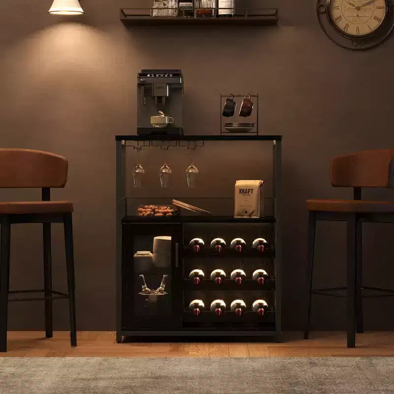 Meuble Bar à Vin Élégant à 3 Niveaux avec Casier à Bouteilles et Rangement, Buffet avec Porte-Verres et Porte en Maille, Idéal pour la Cuisine, le Salon et le Bar