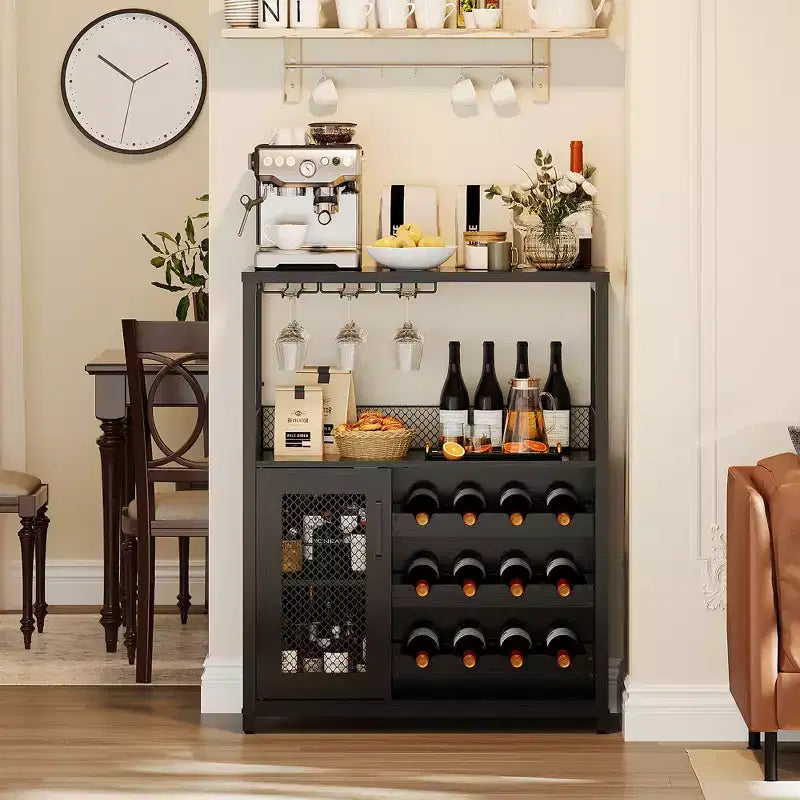 Meuble Bar à Vin Élégant à 3 Niveaux avec Casier à Bouteilles et Rangement, Buffet avec Porte-Verres et Porte en Maille, Idéal pour la Cuisine, le Salon et le Bar