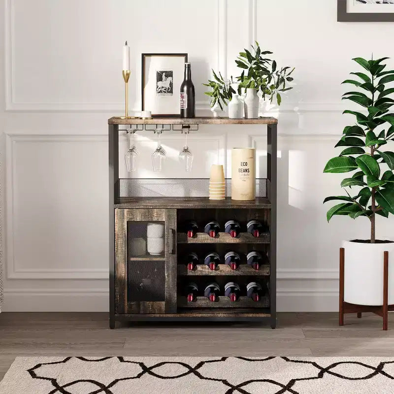 Meuble Bar à Vin Élégant à 3 Niveaux avec Casier à Bouteilles et Rangement, Buffet avec Porte-Verres et Porte en Maille, Idéal pour la Cuisine, le Salon et le Bar