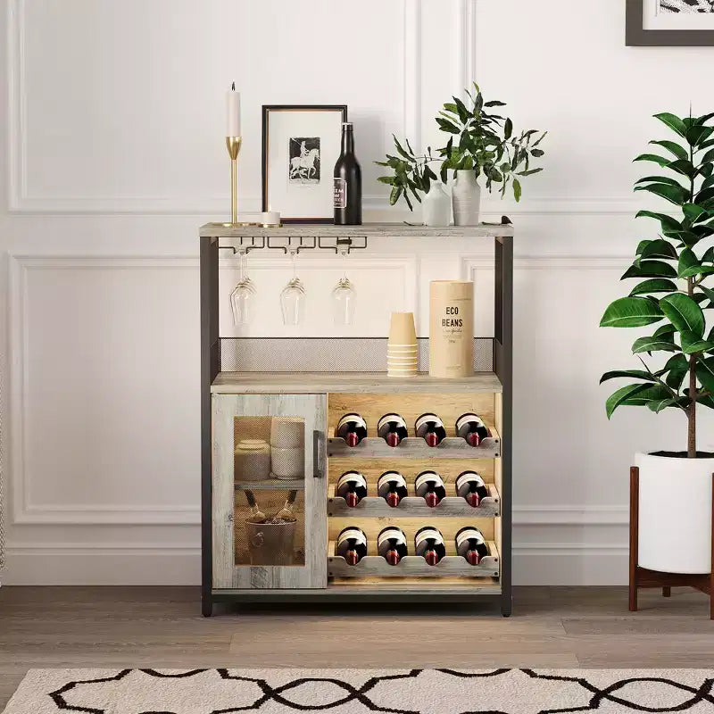 Meuble Bar à Vin Élégant à 3 Niveaux avec Casier à Bouteilles et Rangement, Buffet avec Porte-Verres et Porte en Maille, Idéal pour la Cuisine, le Salon et le Bar