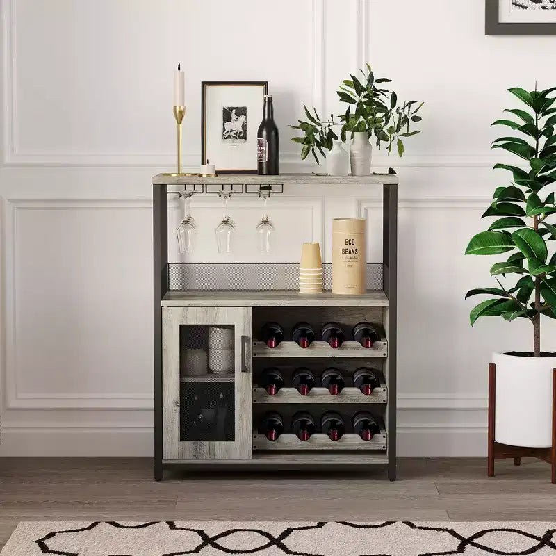 Meuble Bar à Vin Élégant à 3 Niveaux avec Casier à Bouteilles et Rangement, Buffet avec Porte-Verres et Porte en Maille, Idéal pour la Cuisine, le Salon et le Bar