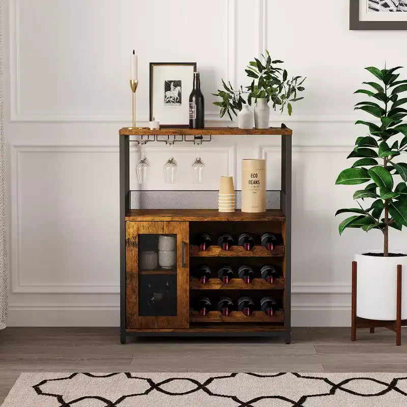 Meuble Bar à Vin Élégant à 3 Niveaux avec Casier à Bouteilles et Rangement, Buffet avec Porte-Verres et Porte en Maille, Idéal pour la Cuisine, le Salon et le Bar