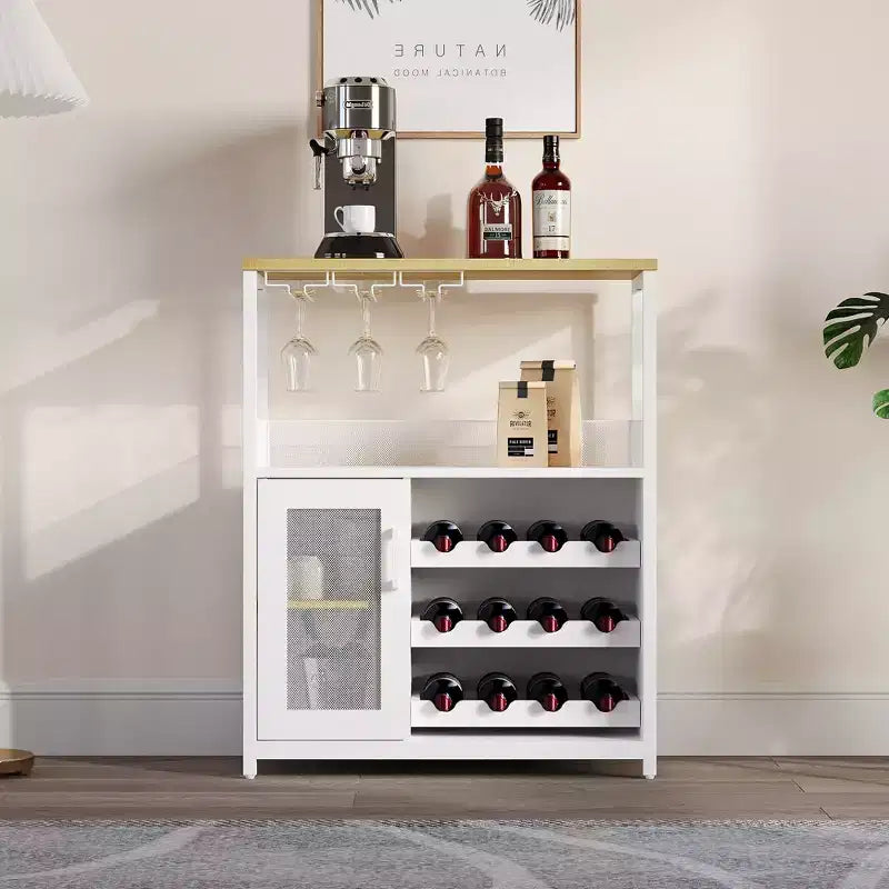 Meuble Bar à Vin Élégant à 3 Niveaux avec Casier à Bouteilles et Rangement, Buffet avec Porte-Verres et Porte en Maille, Idéal pour la Cuisine, le Salon et le Bar