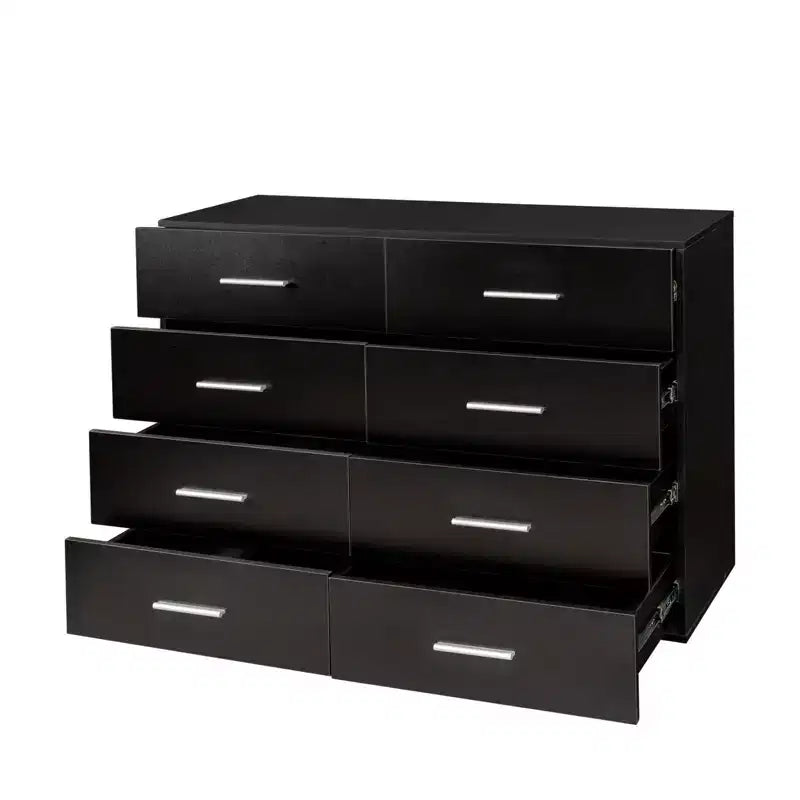 Commode de 120 cm de large avec 8 tiroirs en panneaux de particules noirs
