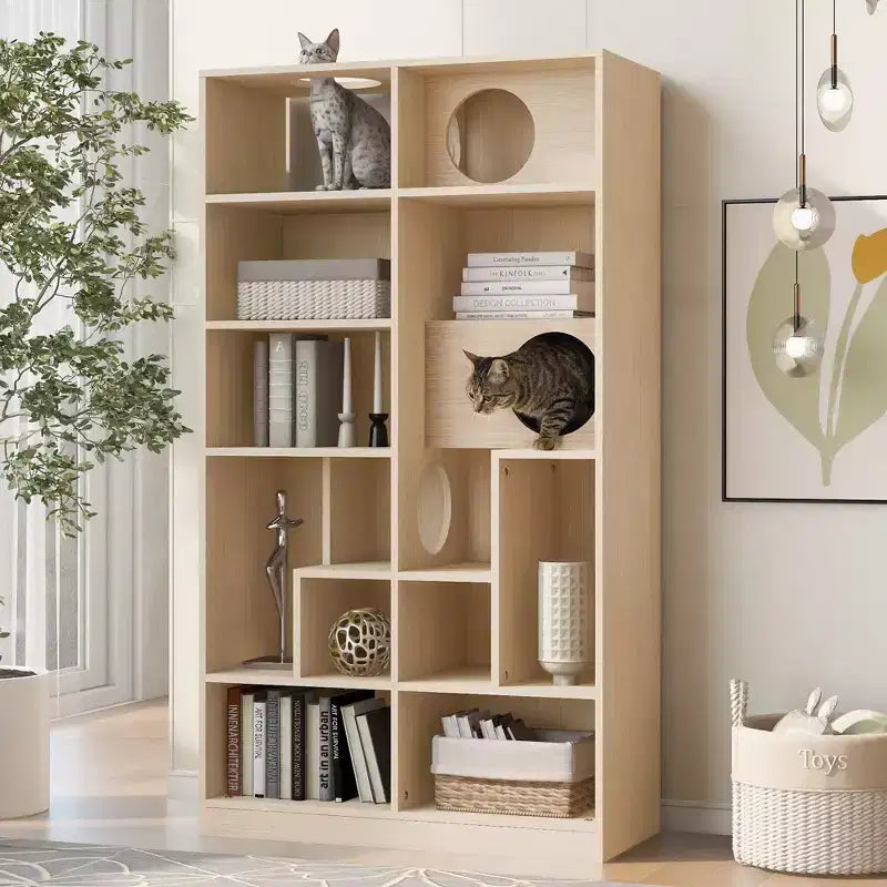 Bibliothèque moderne 2-en-1 avec bac à litière pour chat et étagère d'escalade, naturel