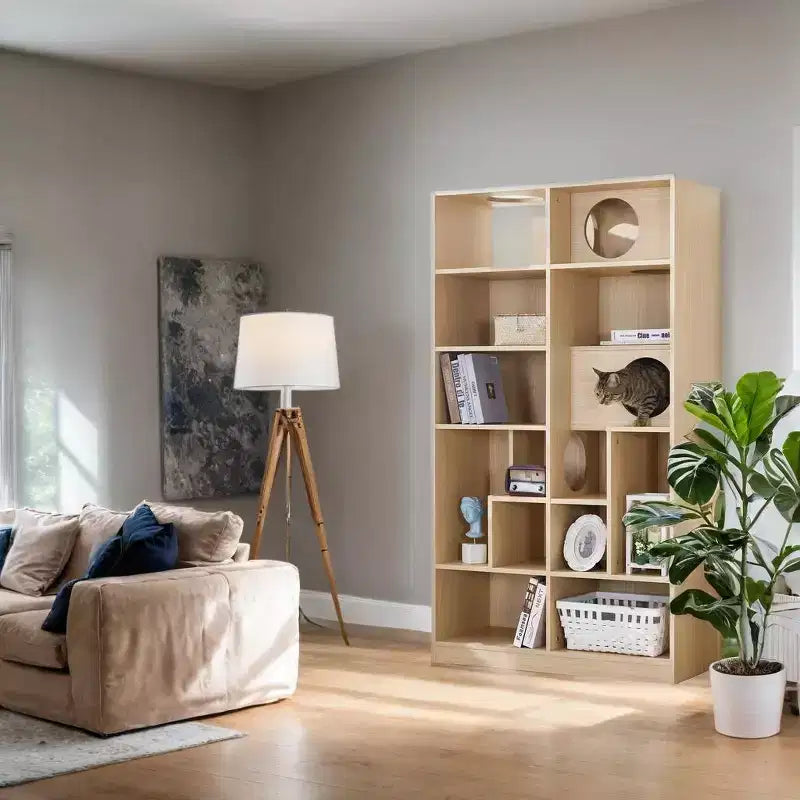 Bibliothèque moderne 2-en-1 avec bac à litière pour chat et étagère d'escalade, naturel