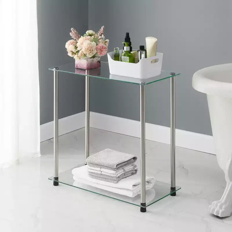Table d'appoint en verre trempé argentée à 2 niveaux de 61 cm avec pieds en acier inoxydable