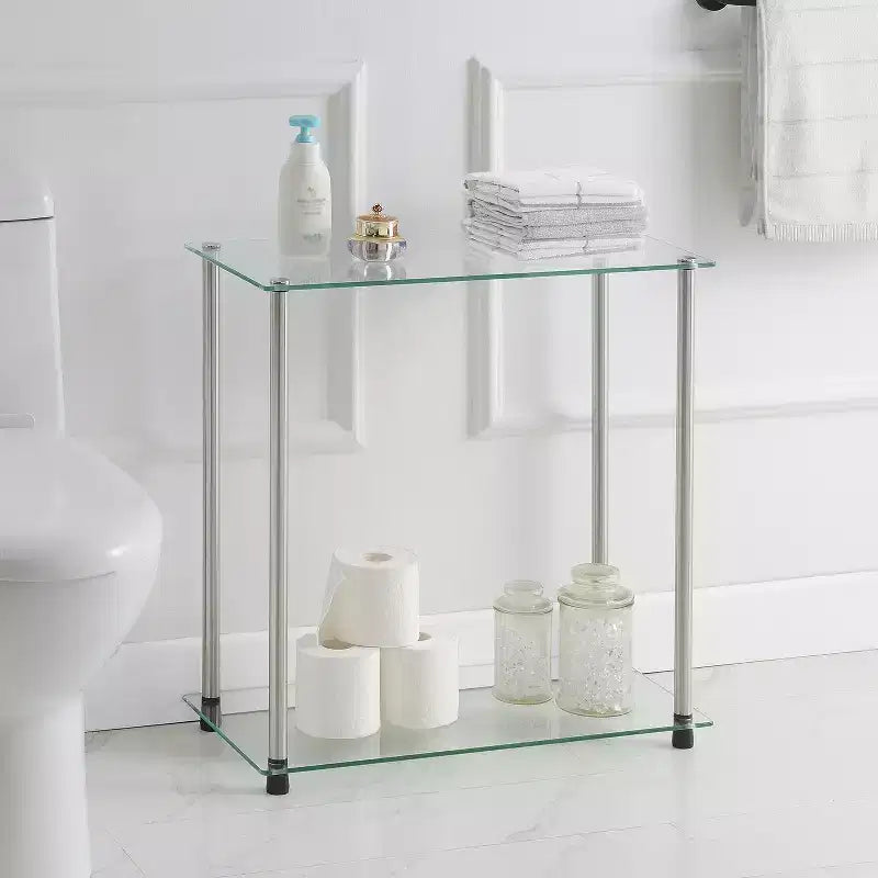 Table d'appoint en verre trempé argentée à 2 niveaux de 61 cm avec pieds en acier inoxydable