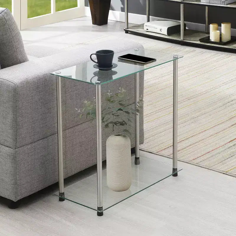 Table d'appoint en verre trempé argentée à 2 niveaux de 61 cm avec pieds en acier inoxydable